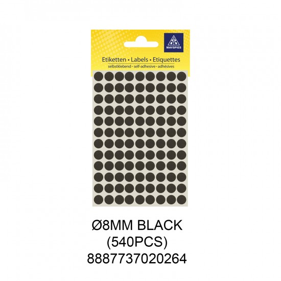 MAYSPIES MS008 COLOUR DOT LABEL / 5 SHEETS/PKT / 540PCS / ROUND 8MM BLACK
